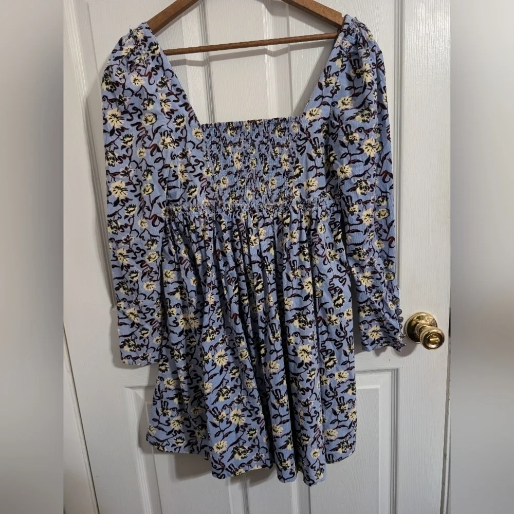 Free People Womens Dress Corduroy Blue Floral Flowers Boho Size Small Mini